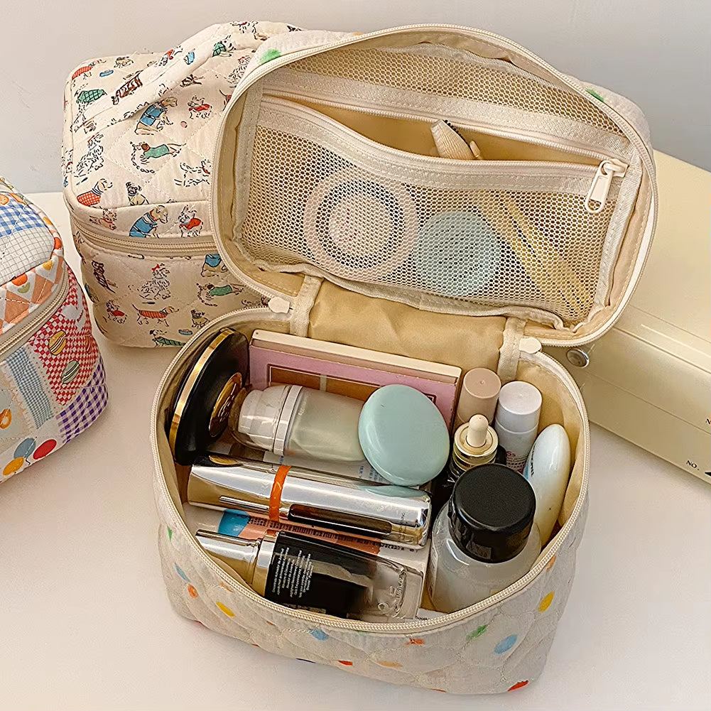 Floral Pattern Quilted Cosmetic Organizer - Women's Cotton Makeup Bag and Toiletry Pouch with Zipper for Travel