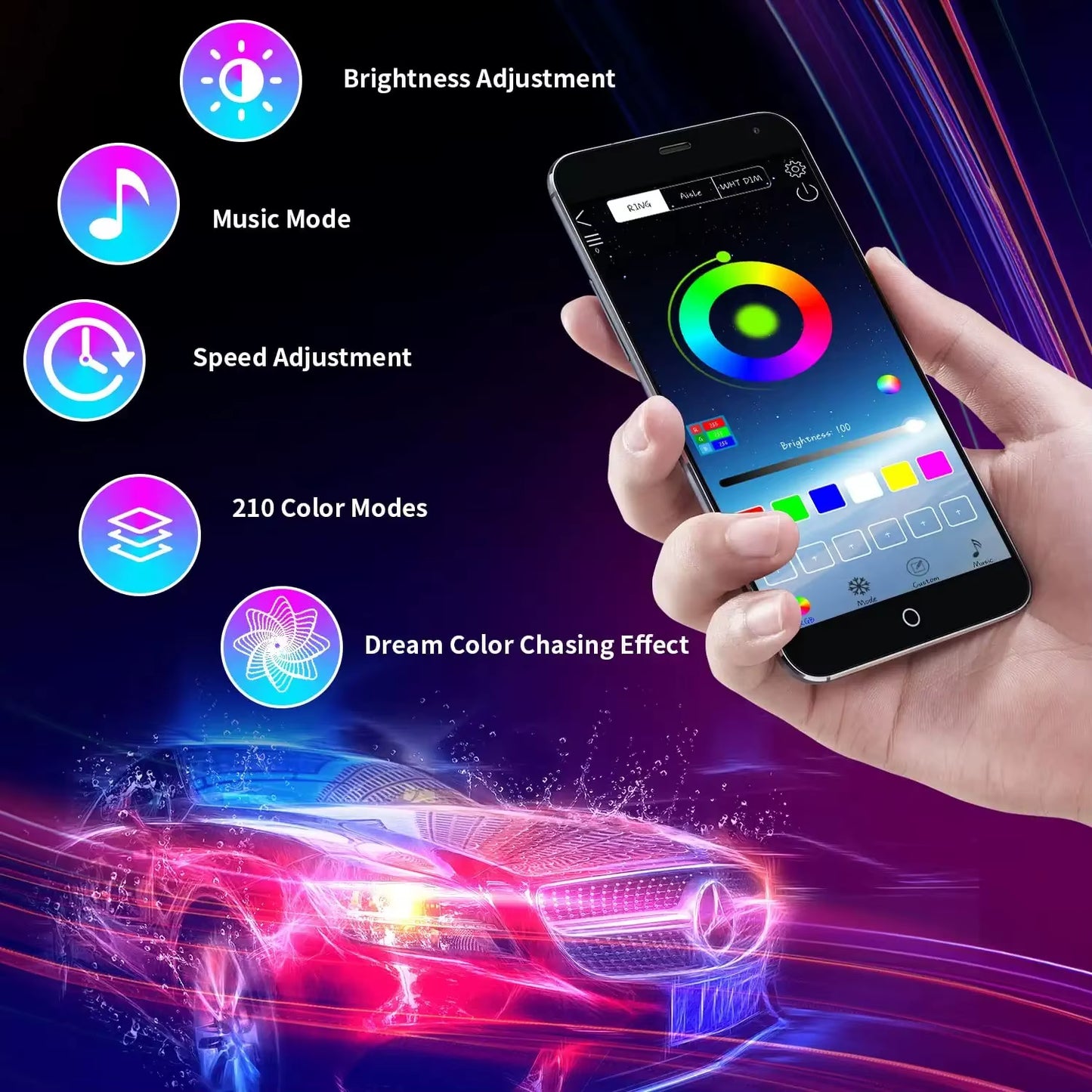 RGB LED Underbody Car Lighting Kit with Remote/App Control - Flexible, Waterproof Decorative Strip Lights