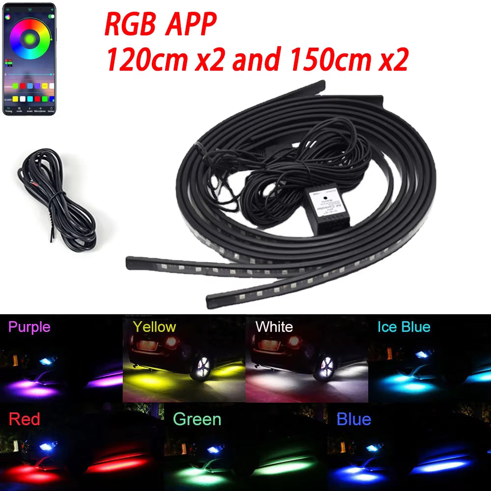 RGB LED Underbody Car Lighting Kit with Remote/App Control - Flexible, Waterproof Decorative Strip Lights