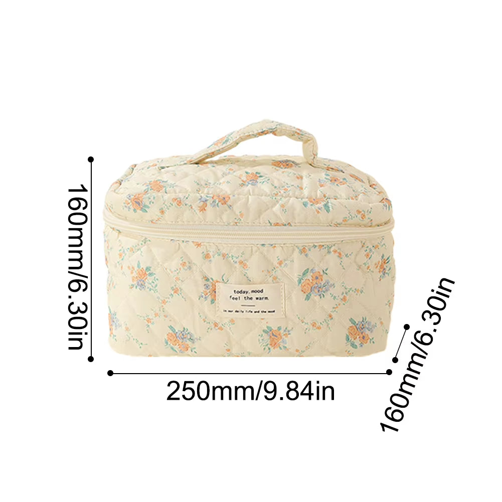 Floral Pattern Quilted Cosmetic Organizer - Women's Cotton Makeup Bag and Toiletry Pouch with Zipper for Travel