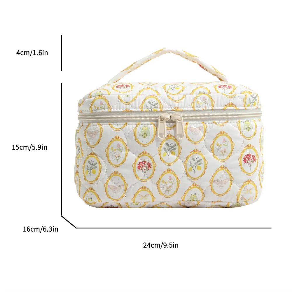 Floral Pattern Quilted Cosmetic Organizer - Women's Cotton Makeup Bag and Toiletry Pouch with Zipper for Travel