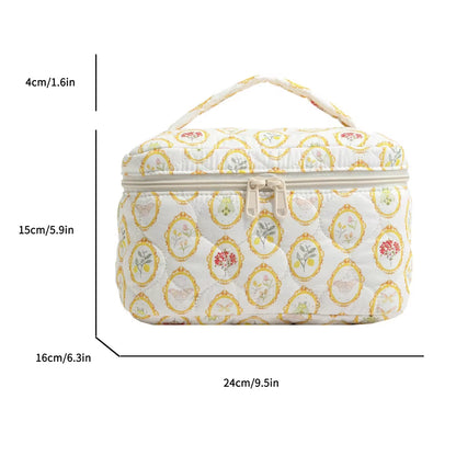 Floral Pattern Quilted Cosmetic Organizer - Women's Cotton Makeup Bag and Toiletry Pouch with Zipper for Travel