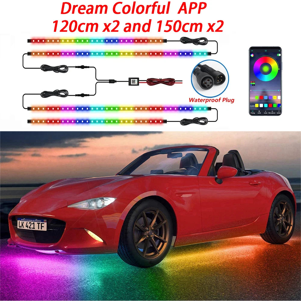 RGB LED Underbody Car Lighting Kit with Remote/App Control - Flexible, Waterproof Decorative Strip Lights