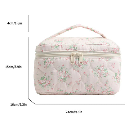 Floral Pattern Quilted Cosmetic Organizer - Women's Cotton Makeup Bag and Toiletry Pouch with Zipper for Travel