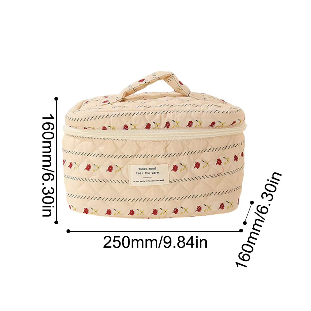 Floral Pattern Quilted Cosmetic Organizer - Women's Cotton Makeup Bag and Toiletry Pouch with Zipper for Travel