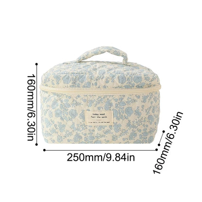 Floral Pattern Quilted Cosmetic Organizer - Women's Cotton Makeup Bag and Toiletry Pouch with Zipper for Travel