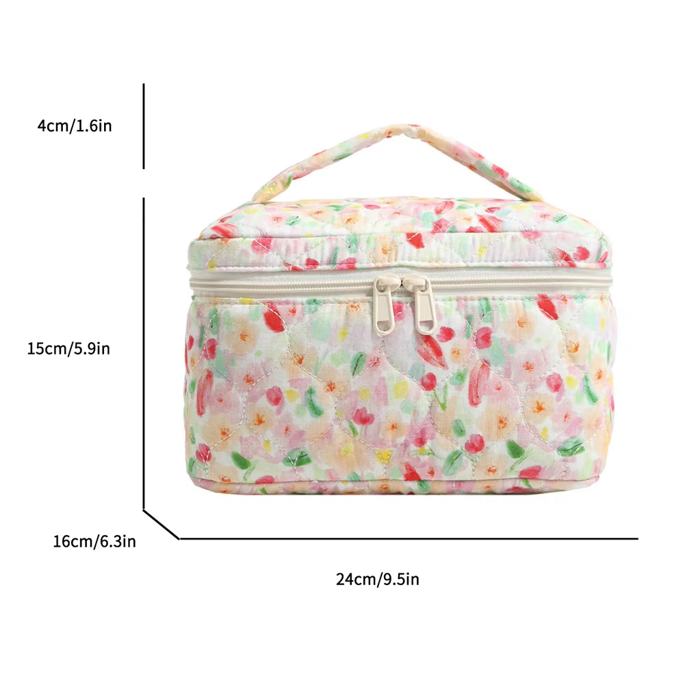 Floral Pattern Quilted Cosmetic Organizer - Women's Cotton Makeup Bag and Toiletry Pouch with Zipper for Travel