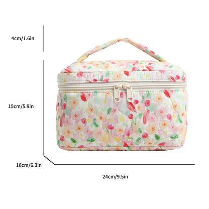 Floral Pattern Quilted Cosmetic Organizer - Women's Cotton Makeup Bag and Toiletry Pouch with Zipper for Travel
