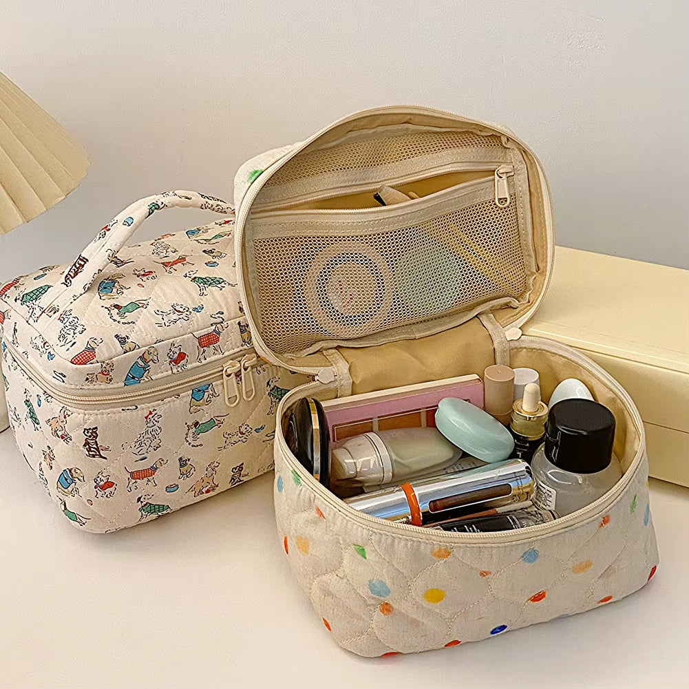 Floral Pattern Quilted Cosmetic Organizer - Women's Cotton Makeup Bag and Toiletry Pouch with Zipper for Travel