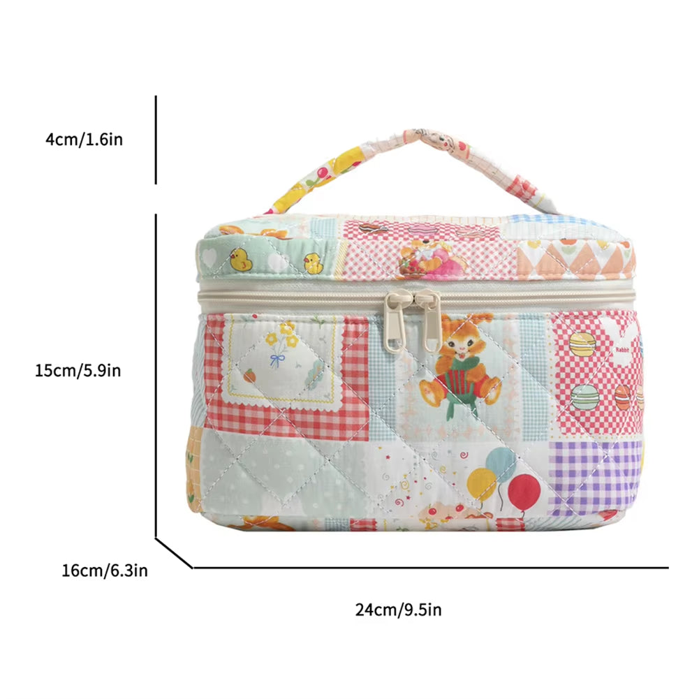 Floral Pattern Quilted Cosmetic Organizer - Women's Cotton Makeup Bag and Toiletry Pouch with Zipper for Travel
