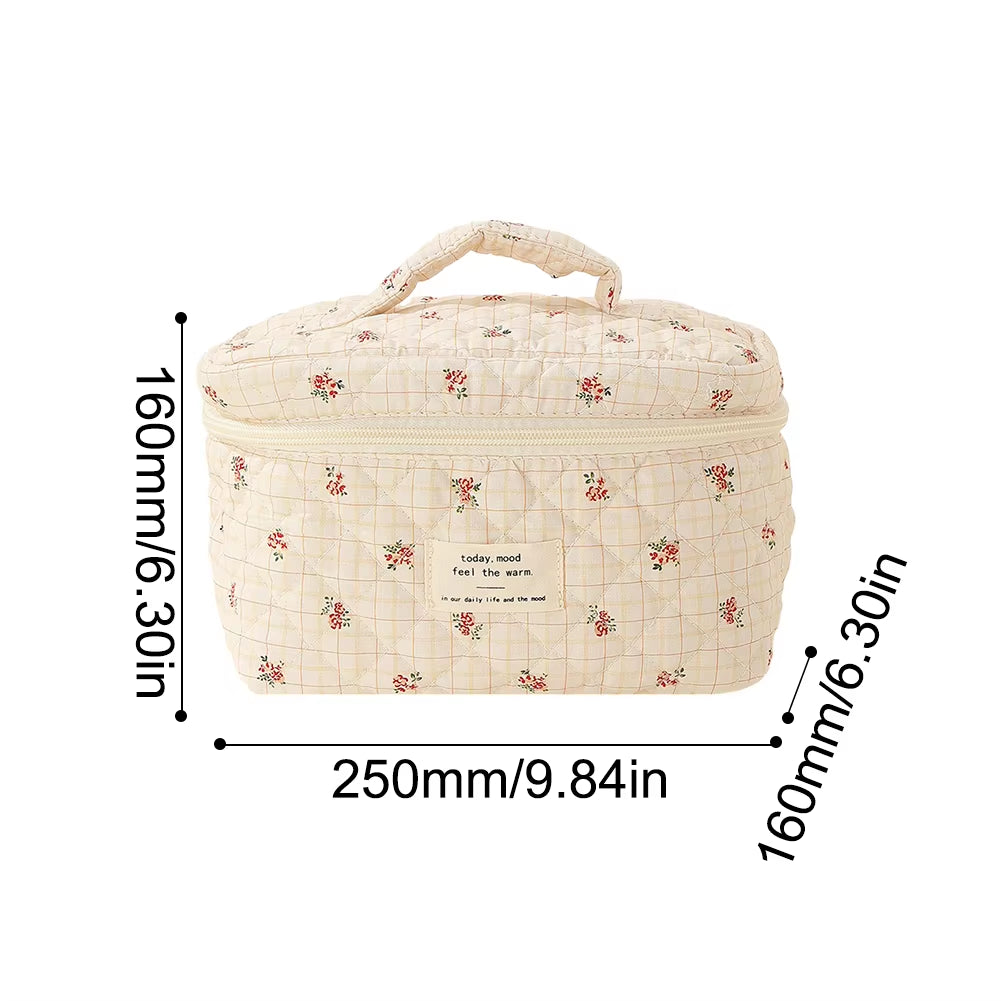 Floral Pattern Quilted Cosmetic Organizer - Women's Cotton Makeup Bag and Toiletry Pouch with Zipper for Travel