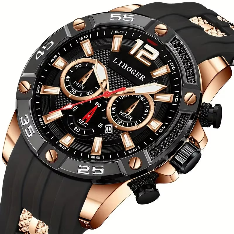 Men's Luxury Quartz Wristwatch with Large Dial, Casual Silicone Strap, and Date Calendar
