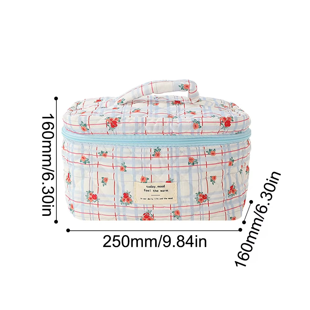 Floral Pattern Quilted Cosmetic Organizer - Women's Cotton Makeup Bag and Toiletry Pouch with Zipper for Travel